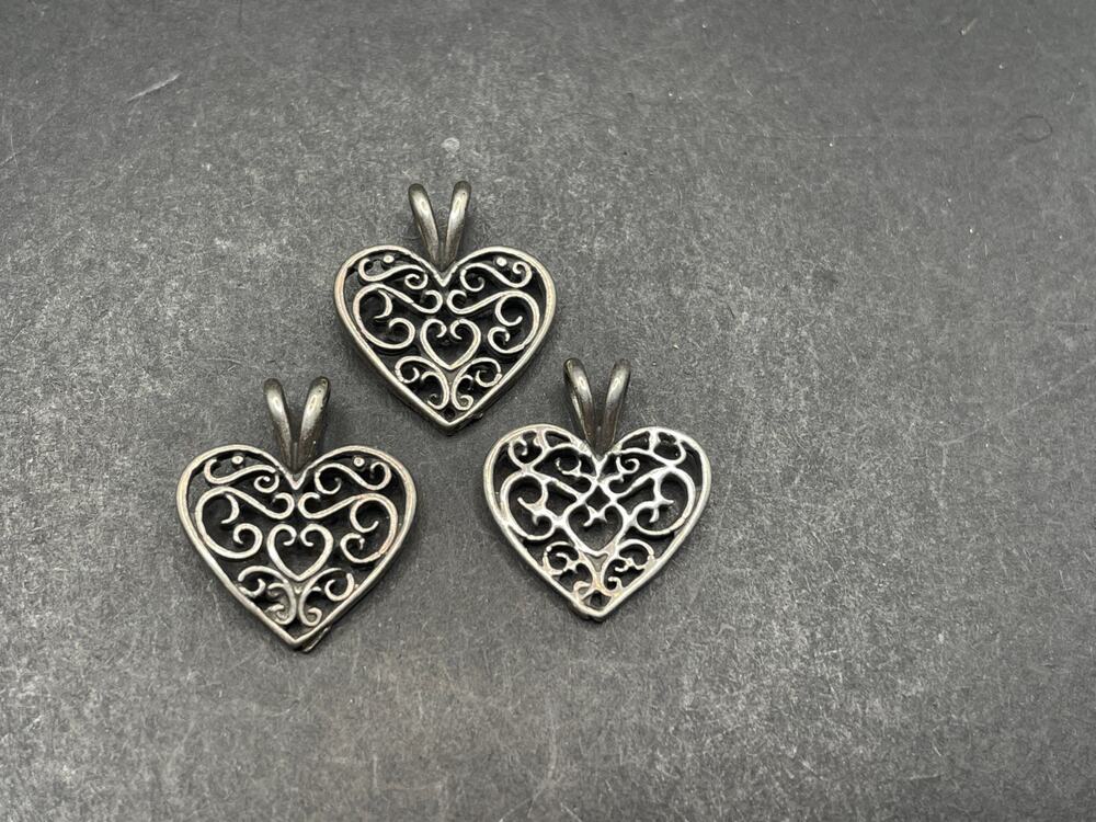 Vintage Lot of 3 Sterling Silver 925 Cut Out Filigree Heart Charm Pendant 15.6mm